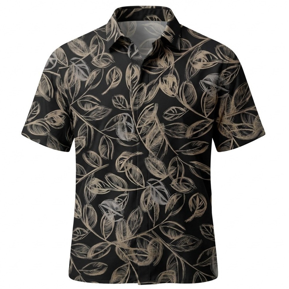 Tori Richard Mens Medium 100% Silk Leaf Print Hawaiian Shirt Black Tan 0995/4282